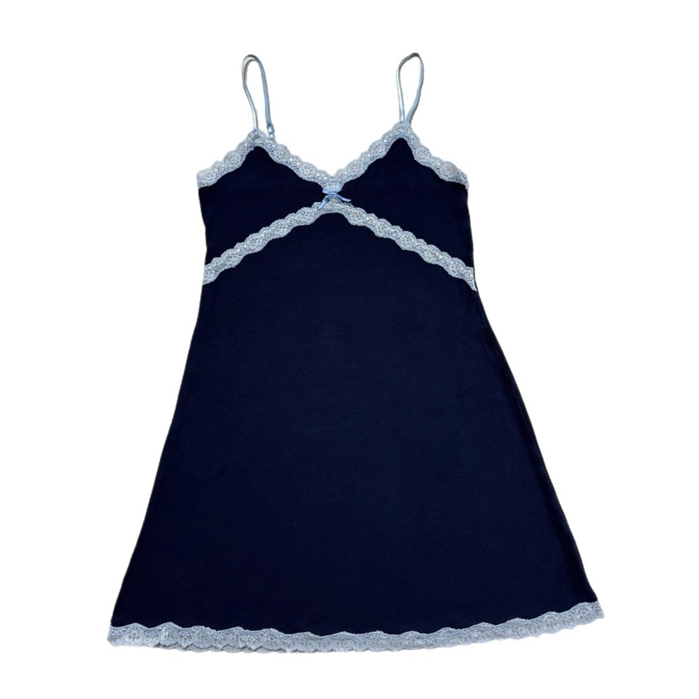 Y2K Navy Blue Ribbed Lace Trim Babydoll Slip Dress S Festival